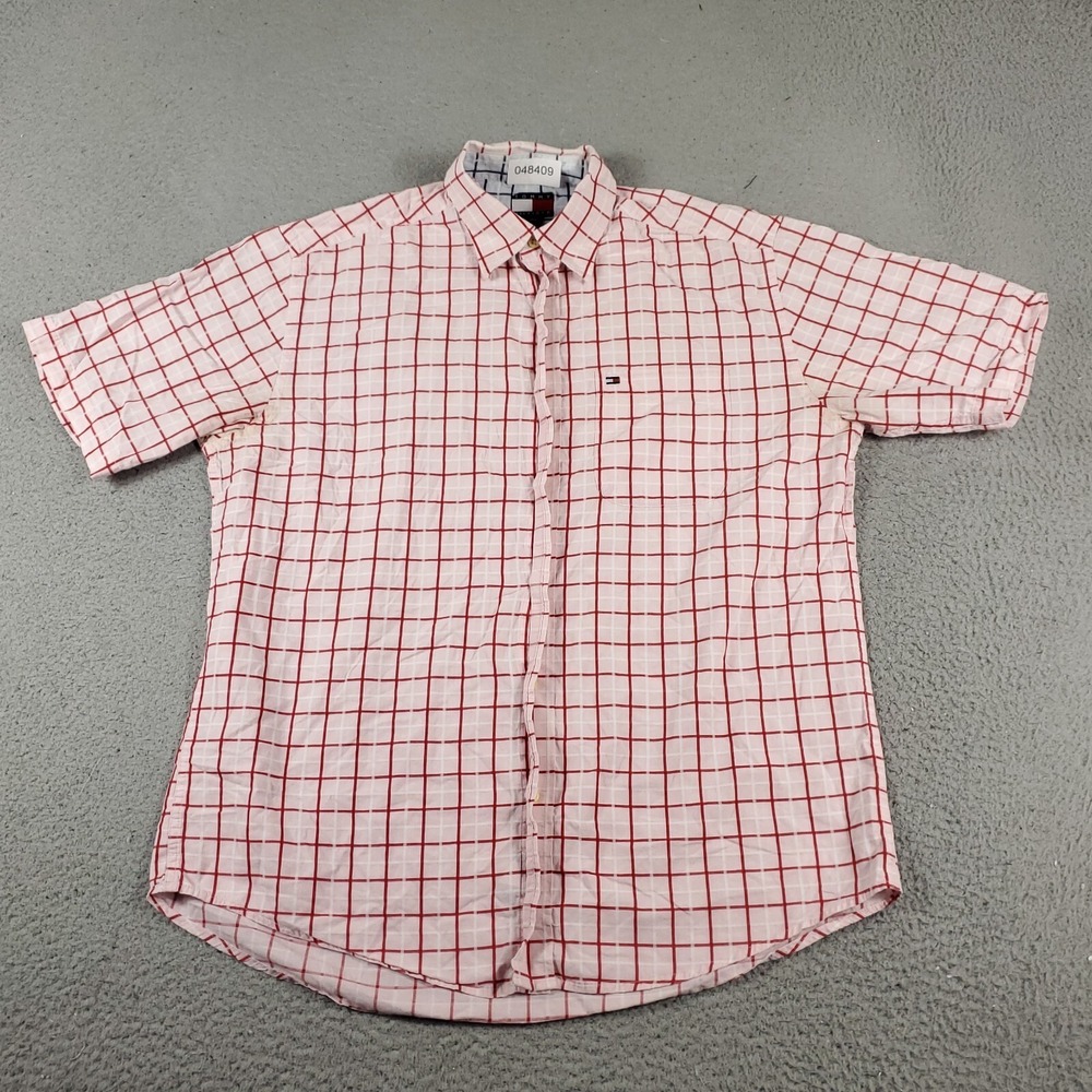 Tommy Hilfiger Shirt Mens Small Red Pink Check Casual Button Up Short Sleeve *